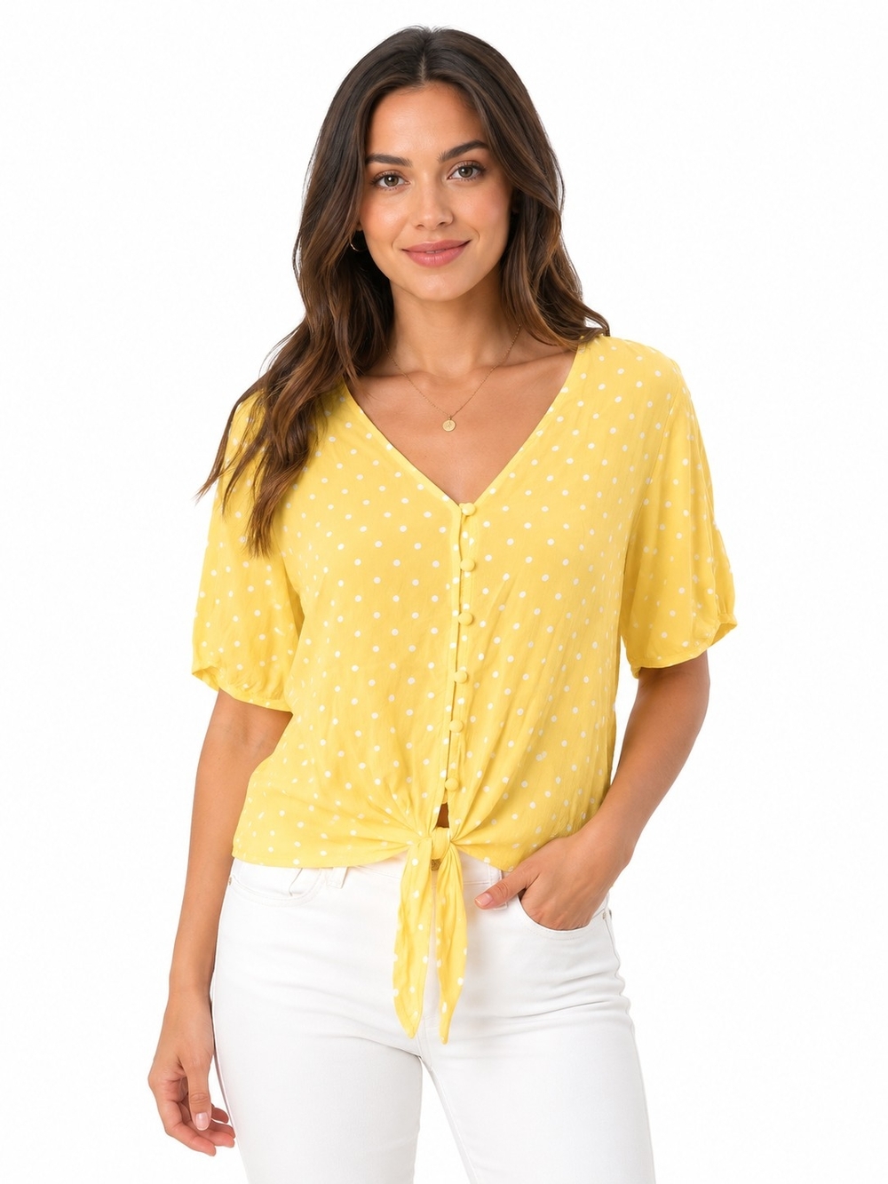 Elodie Yellow Polka Dot Button-Front Tie Top